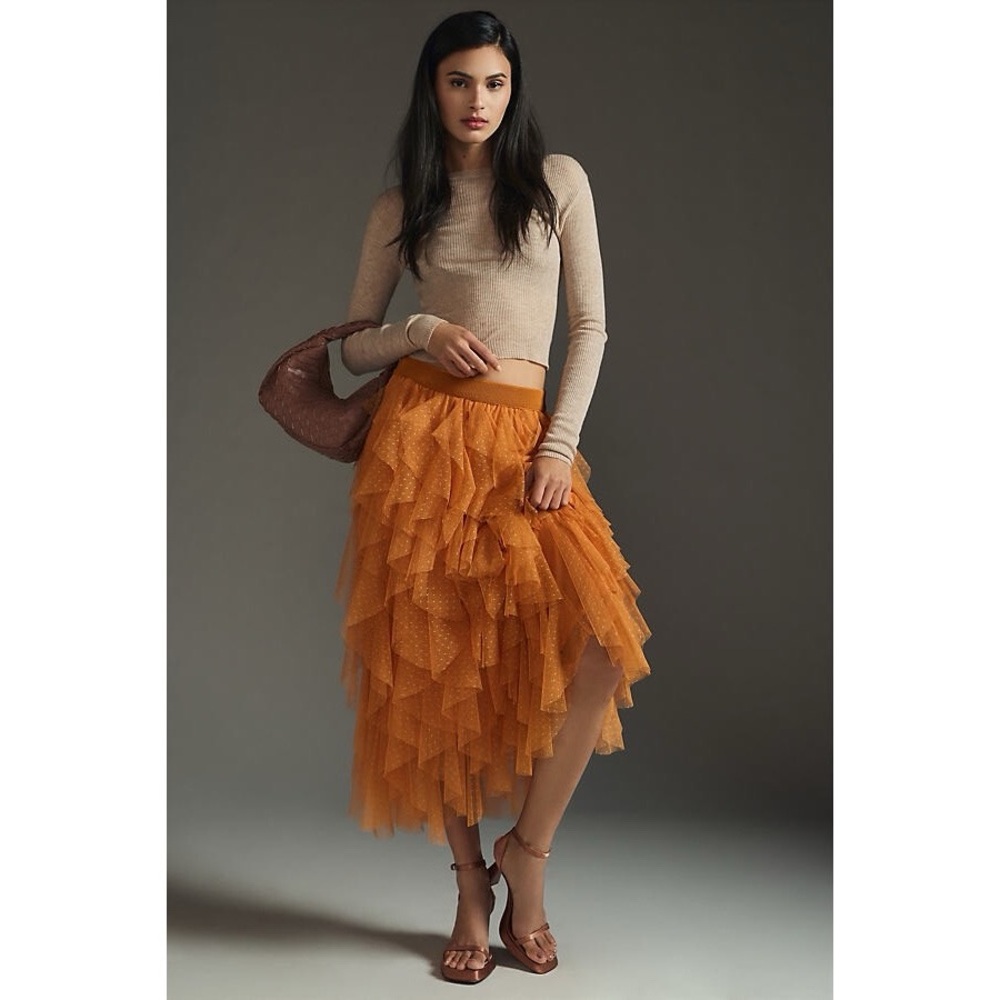 Anthropologie‎ The Cheri Ruffled Tulle Midi Skirt in Orange